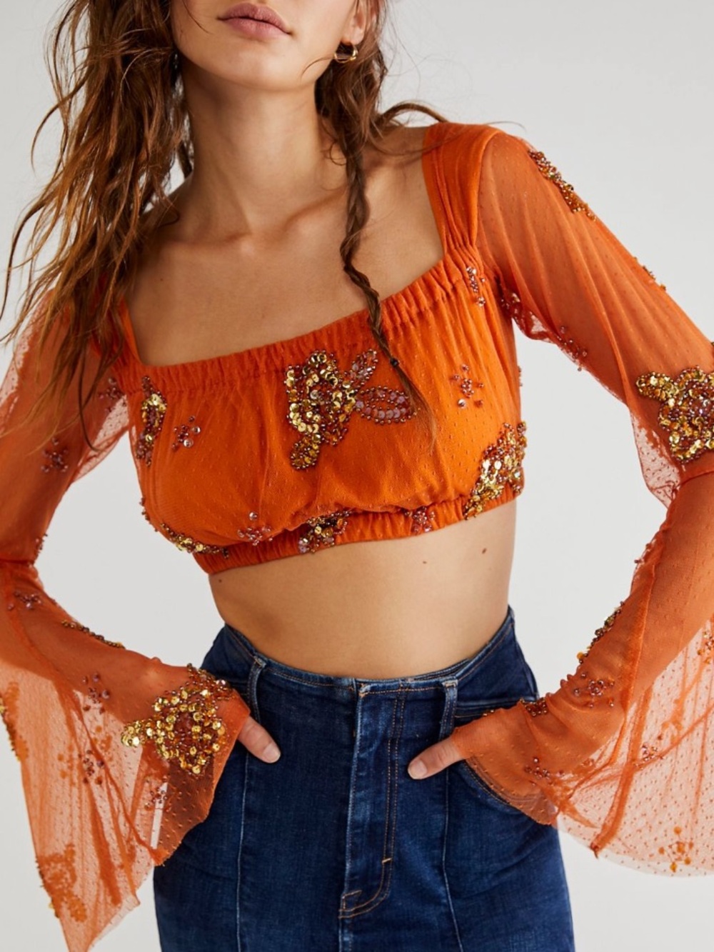 Free People Summer Spice Cropped Top with Bell Sleeves